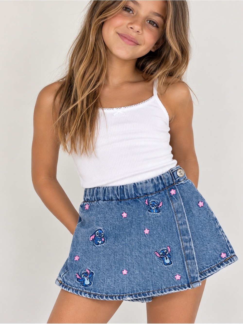 ZARA Disney Denim Girls' Skort with Stitch Embroidery - Blue & Pink